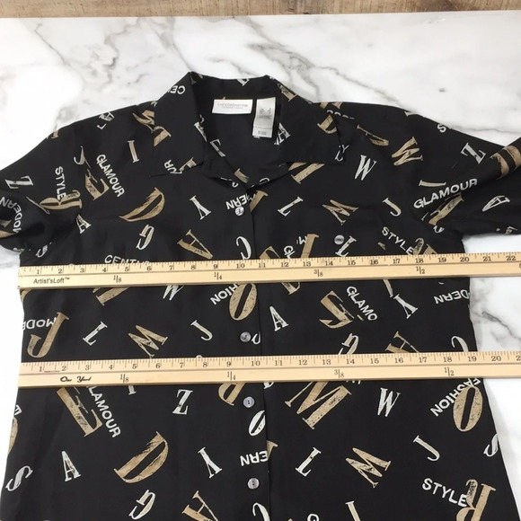 Liz Claiborne VTG 90s Black Cream Printed Button‎ Front Silk Shirt Womens Small - Picture 8 of 11